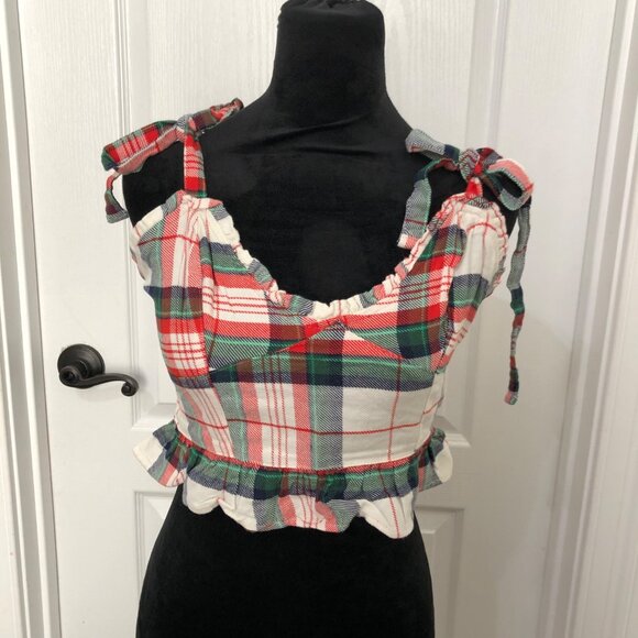 Aerie‎ Women's Plaid Sleeveless Crop Top With Shoulder Ties & Ruffle Hem Size M - Picture 2 of 8
